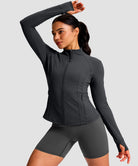 women's longline slim full zip pocketed workout jacket in dark gray - collar detail view