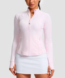 women's longline slim full zip pocketed workout jacket in light pink - front view
