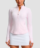 women's longline slim full zip pocketed workout jacket in light pink - front view