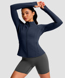 women's longline slim full zip pocketed workout jacket in navy - collar detail view