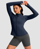 women's longline slim full zip pocketed workout jacket in navy - collar detail view