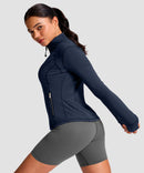 women's longline slim full zip pocketed workout jacket in navy with gold zipper - side view