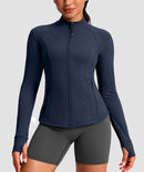 women's longline slim full zip pocketed workout jacket in navy - zipper detail view