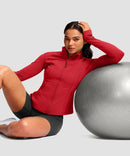 women's longline slim full zip pocketed workout jacket in red - collar detail view