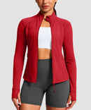 women's longline slim full zip pocketed workout jacket in red - front view