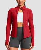 women's longline slim full zip pocketed workout jacket in red - front view