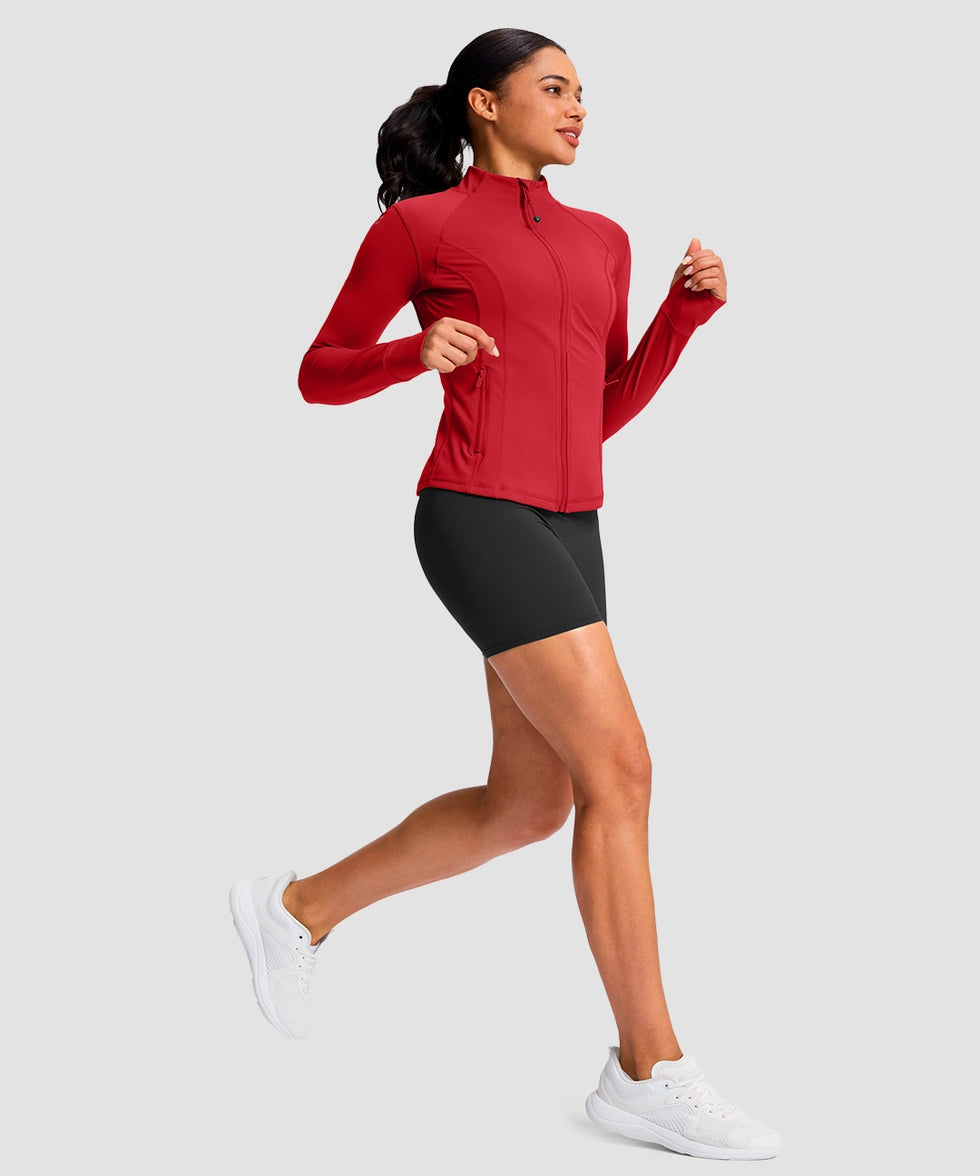 women's longline slim full zip pocketed workout jacket in red - matching outfits view