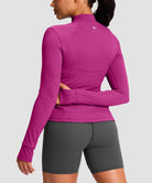 women's longline slim full zip pocketed workout jacket in rose red - back view
