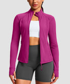 women's longline slim full zip pocketed workout jacket in rose red - zipper detail view