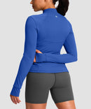 women's longline slim full zip pocketed workout jacket in royal blue - back view