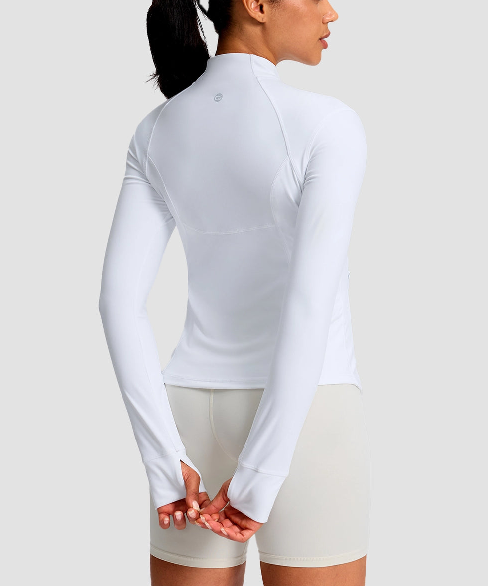 women's longline slim full zip pocketed workout jacket in white - back view