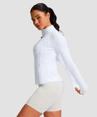 women's longline slim full zip pocketed workout jacket in white - collar detail view