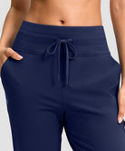 women's mid-rise fleece straight pants 27.5''/29'' in navy - waistband detail view
