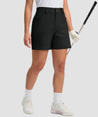 women's mid rise flat front golf shorts 5'' in black - pocket details view