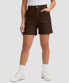 women's mid rise flat front golf shorts 5'' in brown - pocket details view