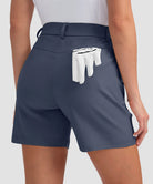 women's mid rise flat front golf shorts 5'' in dusty blue - back view