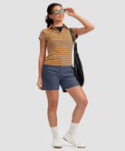 women's mid rise flat front golf shorts 5'' in dusty blue - front view
