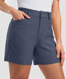 women's mid rise flat front golf shorts 5'' in dusty blue - pocket details view