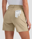 women's mid rise flat front golf shorts 5'' in light khaki - back view