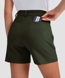 women's mid rise flat front golf shorts 5'' in olive green - back view
