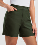 women's mid rise flat front golf shorts 5'' in olive green - pocket details view