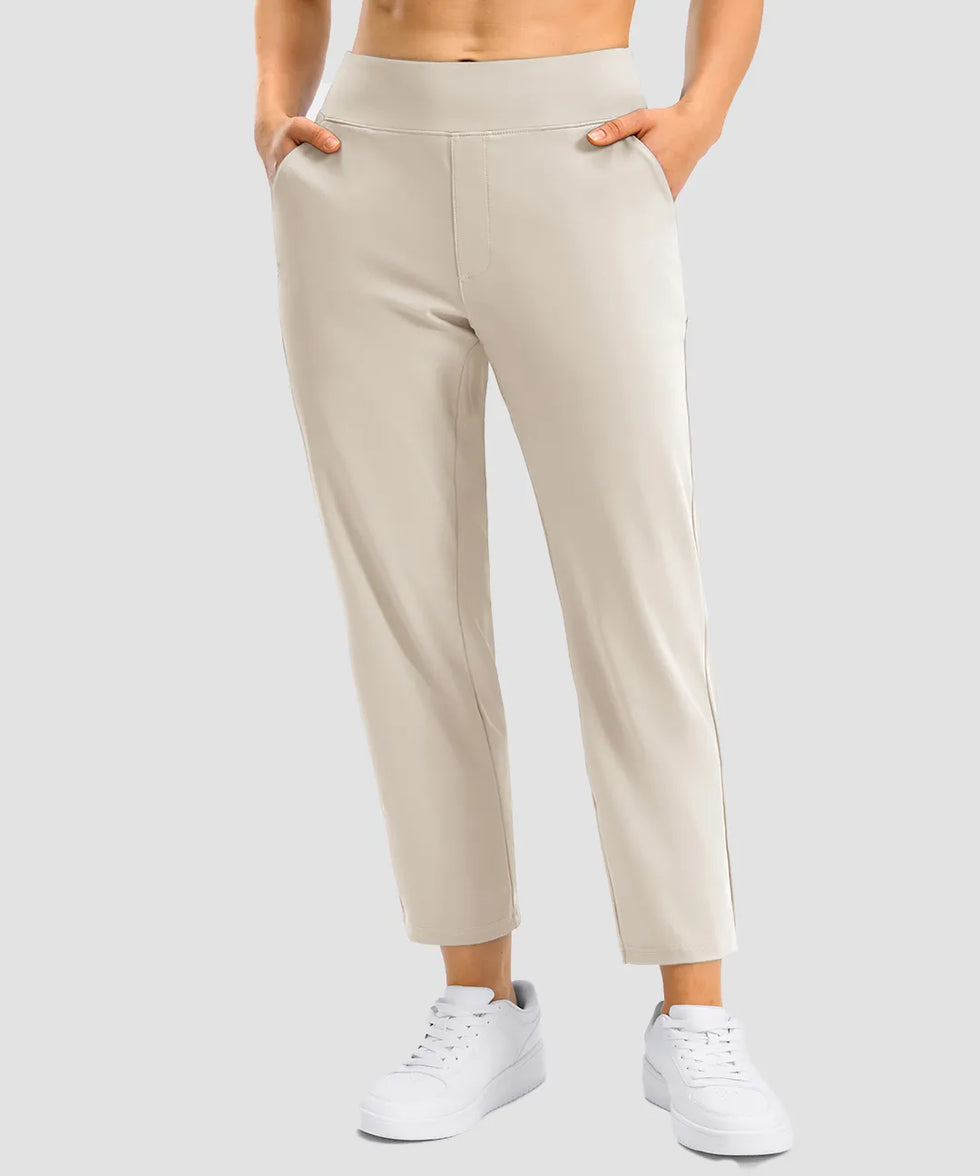 women's pull-on stretchy ankle pants in beige - side view