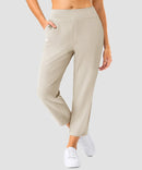 women's pull-on stretchy ankle pants in beige - zipper pocket detail view