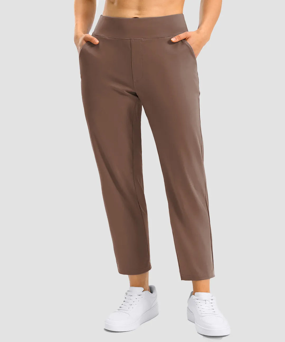 women's pull-on stretchy ankle pants in brown - front view