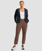 women's pull-on stretchy ankle pants in brown - side view