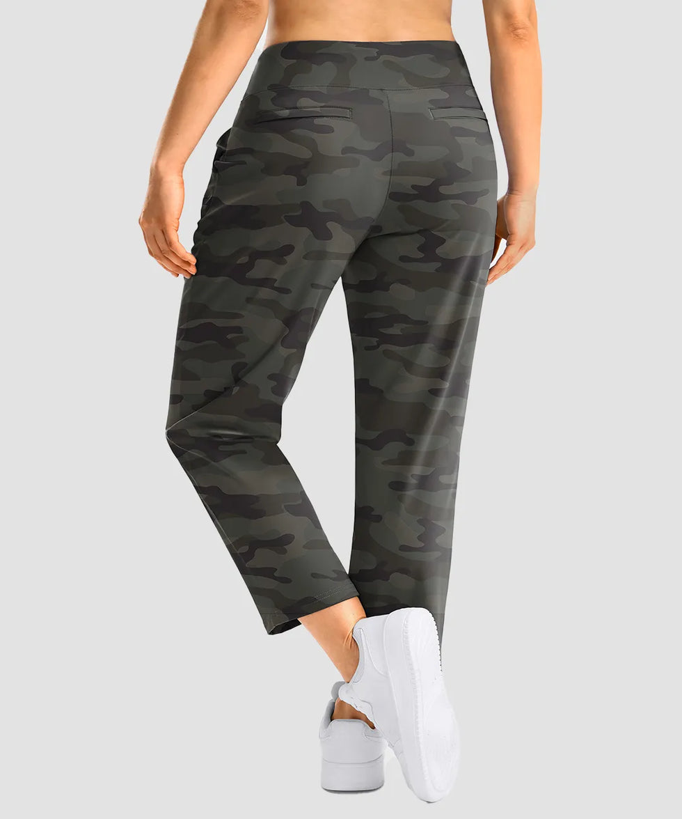women's pull-on stretchy ankle pants in green camo - back view