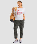 women's pull-on stretchy ankle pants in green camo - front view