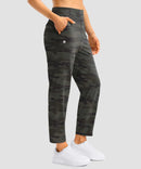 women's pull-on stretchy ankle pants in green camo - side view