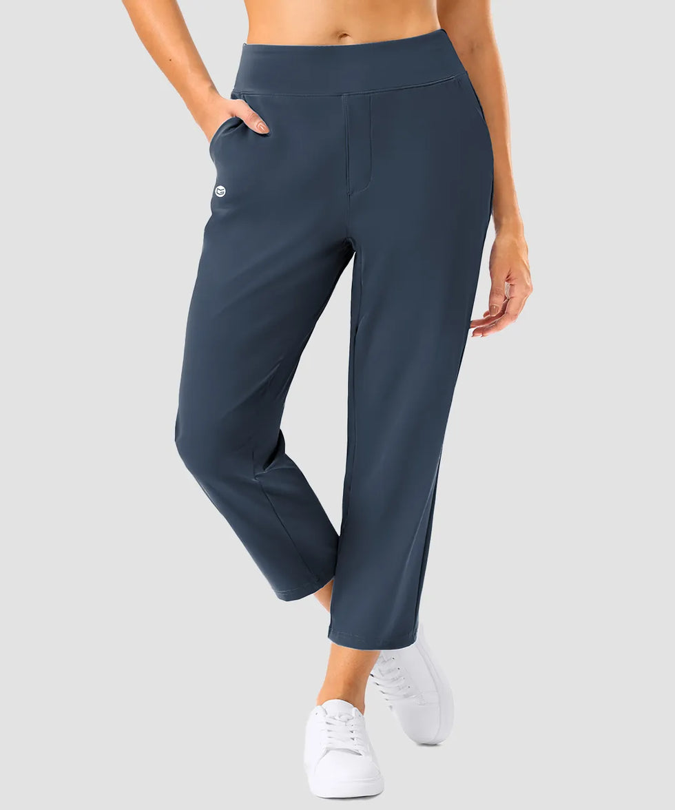 women's pull-on stretchy ankle pants in navy - zipper pocket detail view
