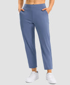 women's pull-on stretchy ankle pants in slate blue - zipper pocket detail view