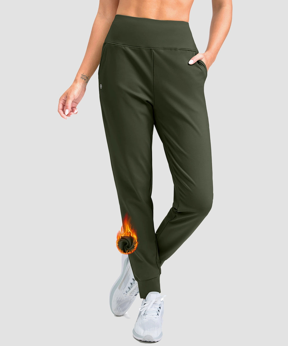 women's pull-on thermal joggers in olive green - front view