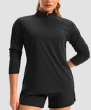 women's quarter zip sun protective pullover in black - collar detail