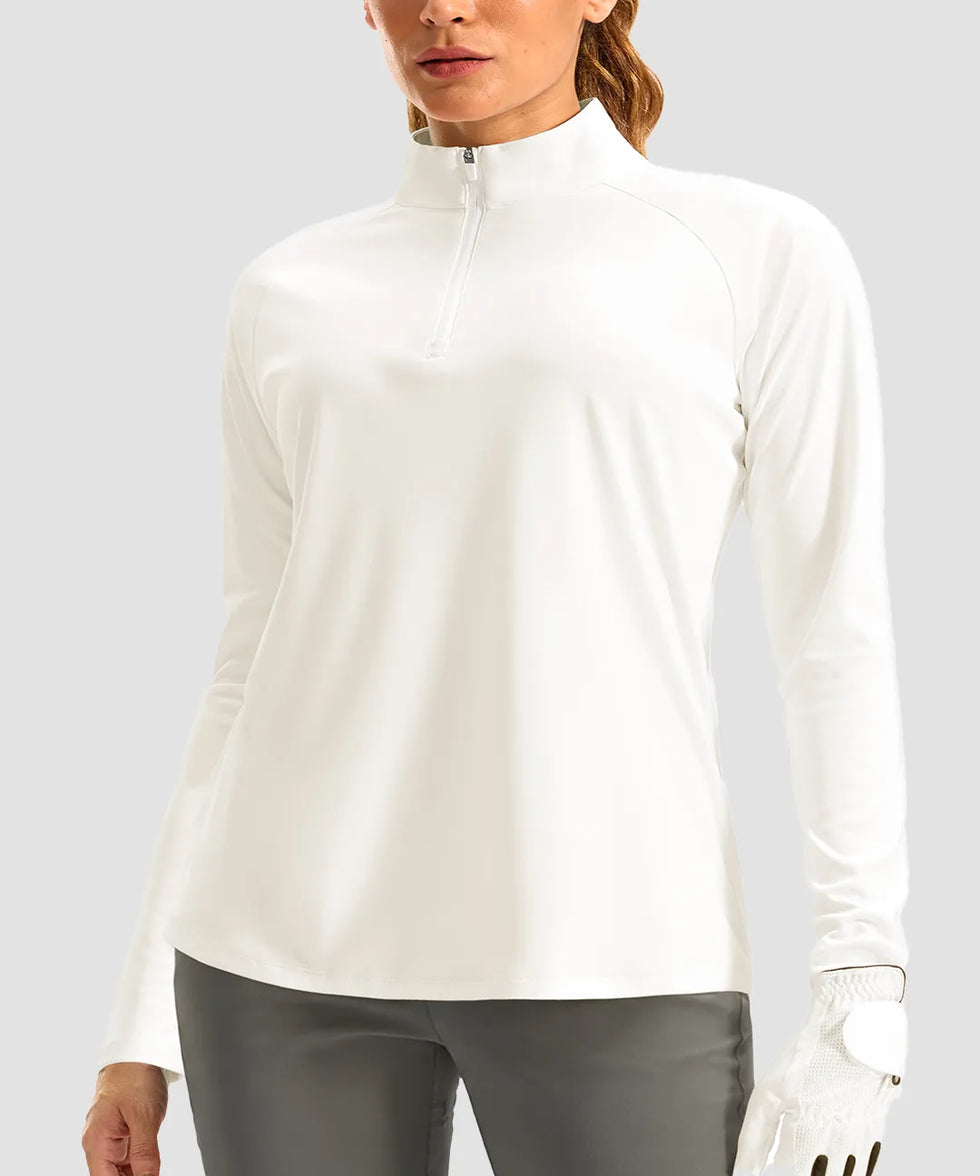 women's quarter zip sun protective pullover in bone white - collar detail