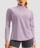 women's quarter zip sun protective pullover in buckwheat purple - collar detail