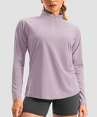 women's quarter zip sun protective pullover in buckwheat purple - collar detail