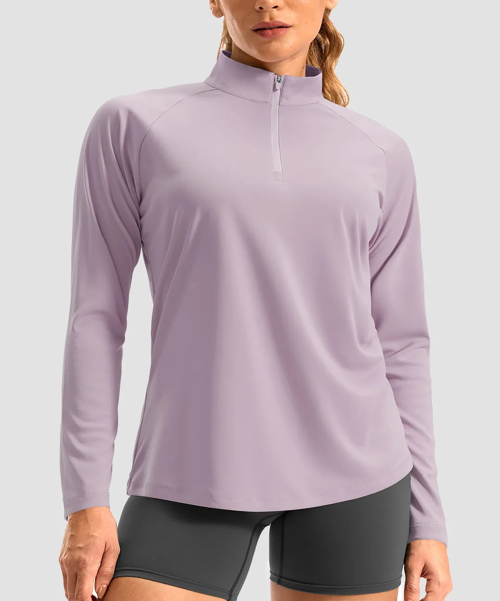 women's quarter zip sun protective pullover in buckwheat purple - collar detail