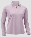 women's quarter zip sun protective pullover in buckwheat purple - fabric detail