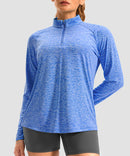 women's quarter zip sun protective pullover in heather blue - collar detail