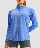 women's quarter zip sun protective pullover in heather blue - collar detail