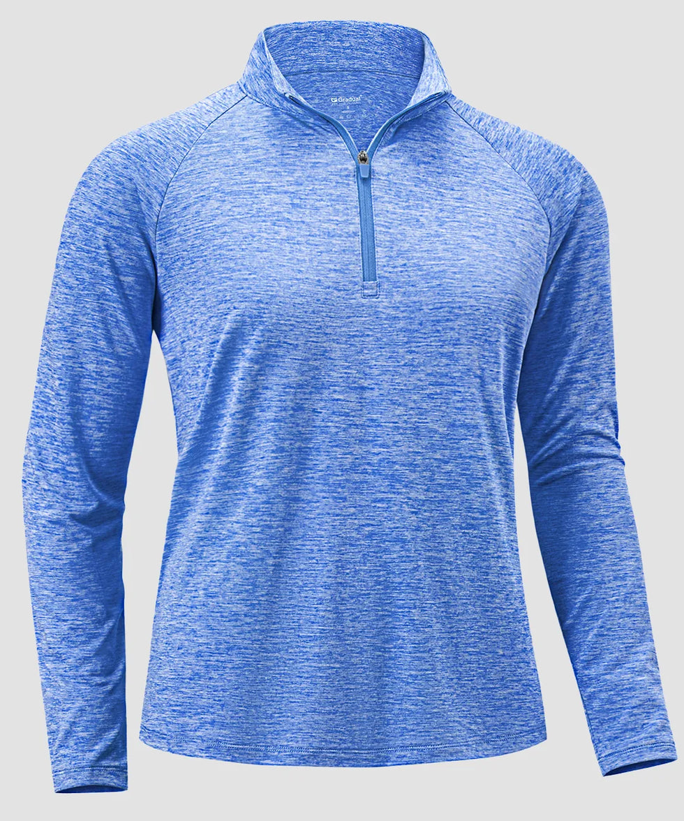 women's quarter zip sun protective pullover in heather blue - fabric detail