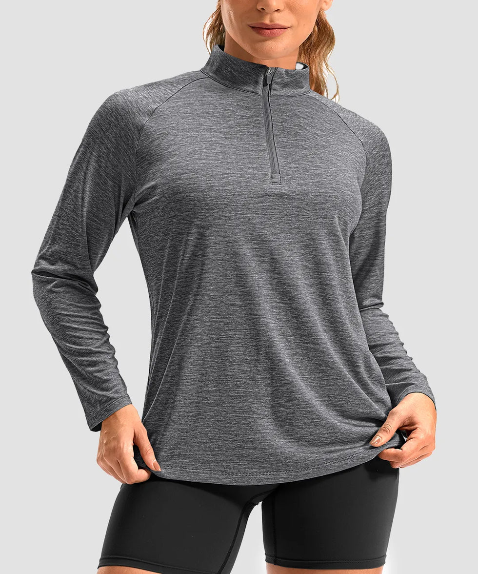 women's quarter zip sun protective pullover in heather dark gray - collar detail