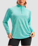 women's quarter zip sun protective pullover in heather lake green - collar detail