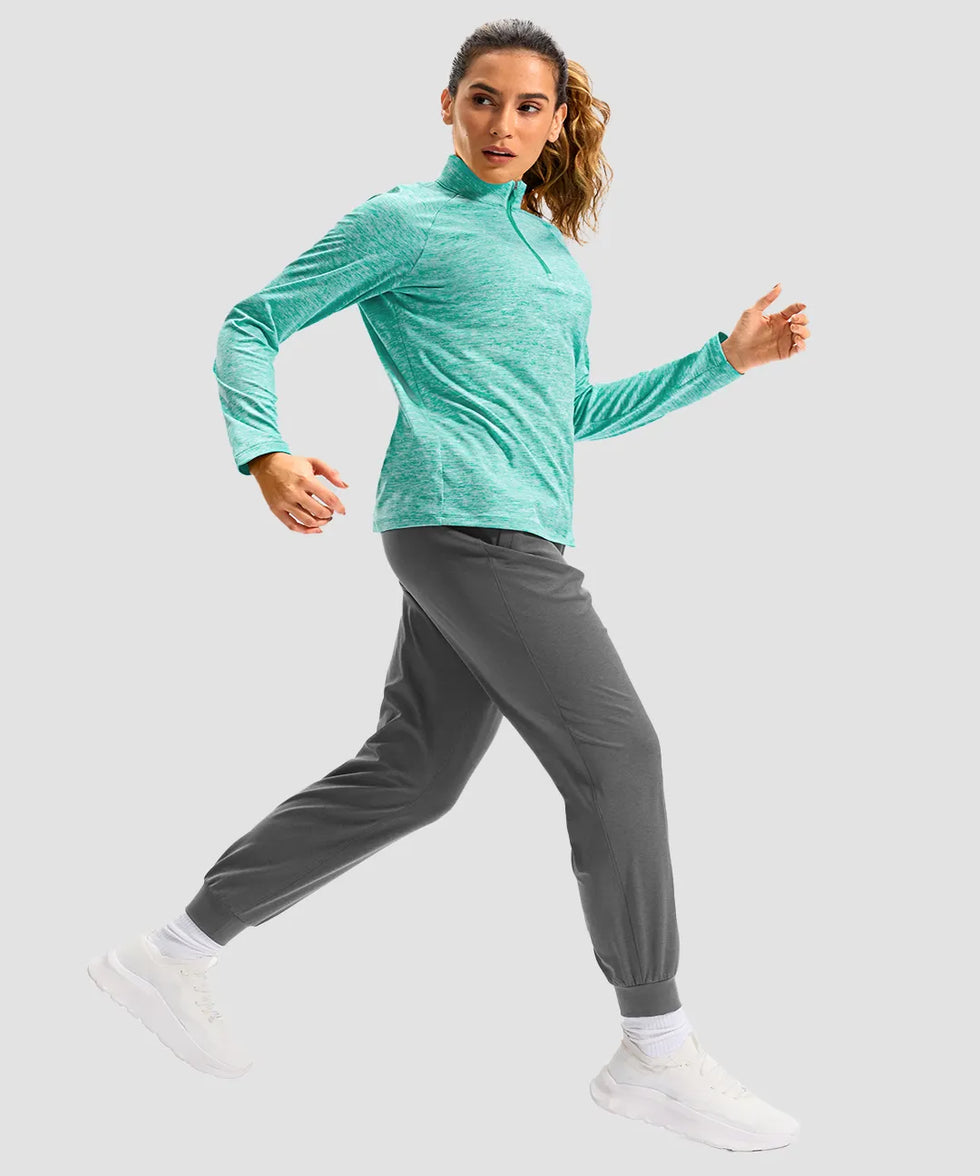 women's quarter zip sun protective pullover in heather lake green - matching outfits view
