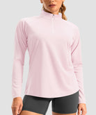 women's quarter zip sun protective pullover in heather peach red - collar detail