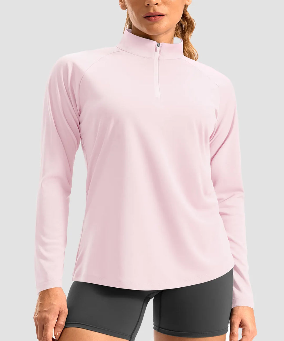 women's quarter zip sun protective pullover in heather peach red - collar detail