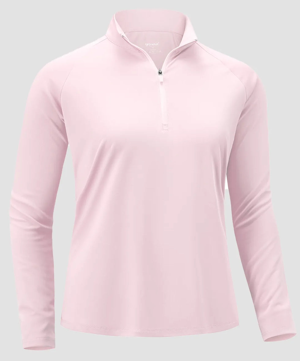 women's quarter zip sun protective pullover in heather peach red - fabric detail